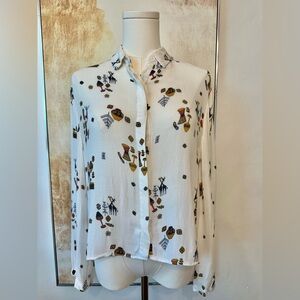 Zara Trafaluc Patterned White Button-Up Blouse Morocco Bohemian Egyptian Blouse